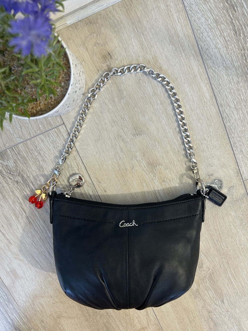 Coach Vintage Black Leather Shoulder Bag with Silver Chain Strap and Charm